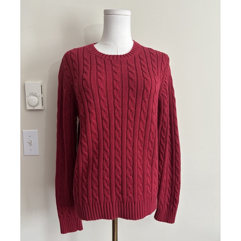 LL Bean Womens Medium Cable Knit Crewneck Sweater Red 100% Cotton Cozy Outdoors